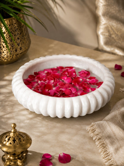 Handcrafted White Marble Floating Flower Bowl | Luxury Marble Urli for Home Decor & Festive Decoration