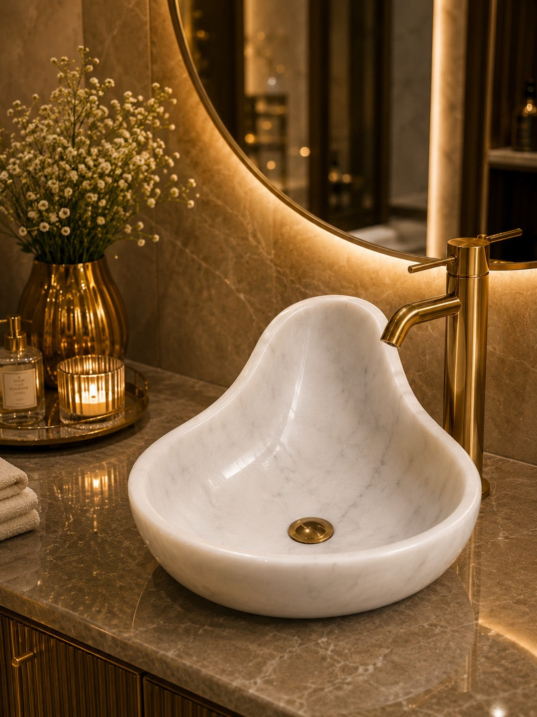 Handcrafted White Marble Designer Vessel Sink | Luxury Organic Shape Bathroom Wash Basin