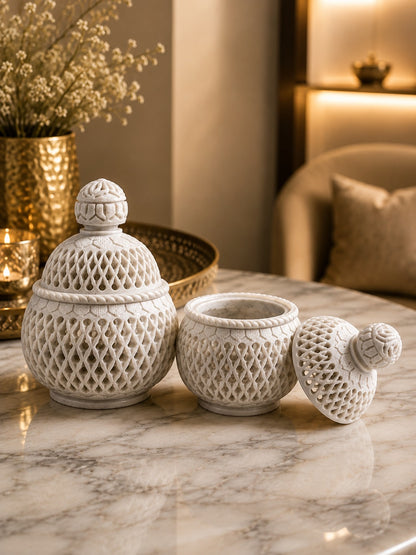 Handcrafted White Marble Decorative Box with Lid | Decorative box | Luxury Carved Marble Storage Jar