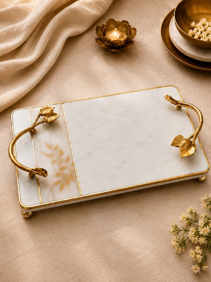 Luxury White Marble Serving Tray with Golden Leaf Handles | Decorative Tray | The Virasat Crafts