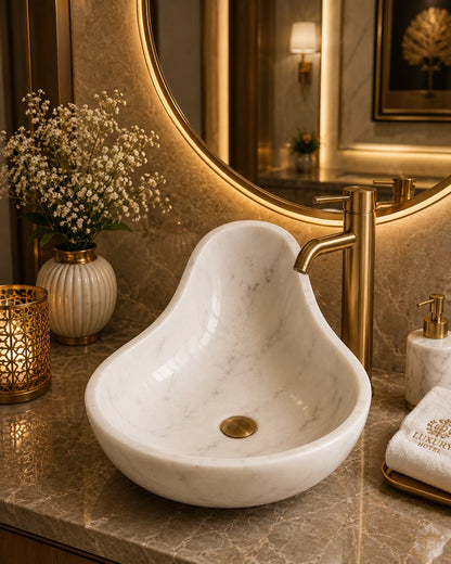Handcrafted White Marble Designer Vessel Sink | Luxury Organic Shape Bathroom Wash Basin